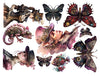 Collection of steampunk-themed illustrations including butterflies, a lizard, and people wearing hats on a white background.