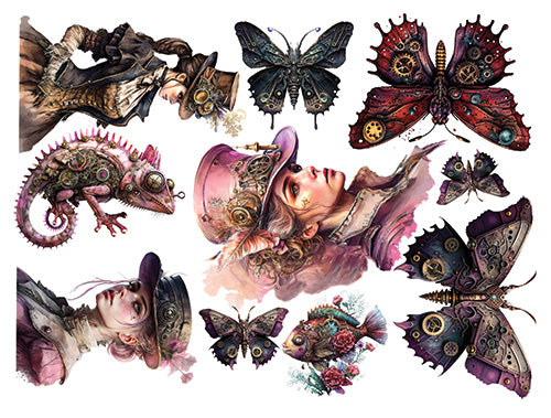 Collection of steampunk-themed illustrations including butterflies, a lizard, and people wearing hats on a white background.