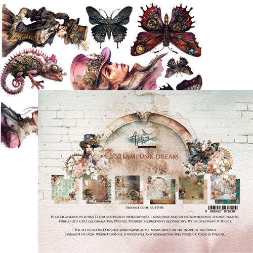 Steampunk-themed paper set with butterflies and dragons on a white brick background