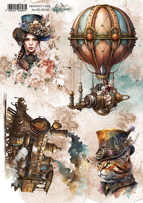Alchemy of Art STEAMPUNK DREAMS - CAT BALLOON A4 Decoupage Rice Paper #AA-SD-RP-01
