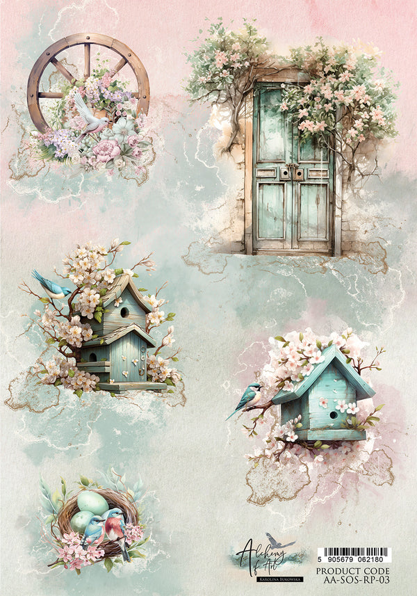 Alchemy of Art SOUL OF SPRING - BIRDHOUSES A4 Decoupage Rice Paper #AA-SOS-RP-03