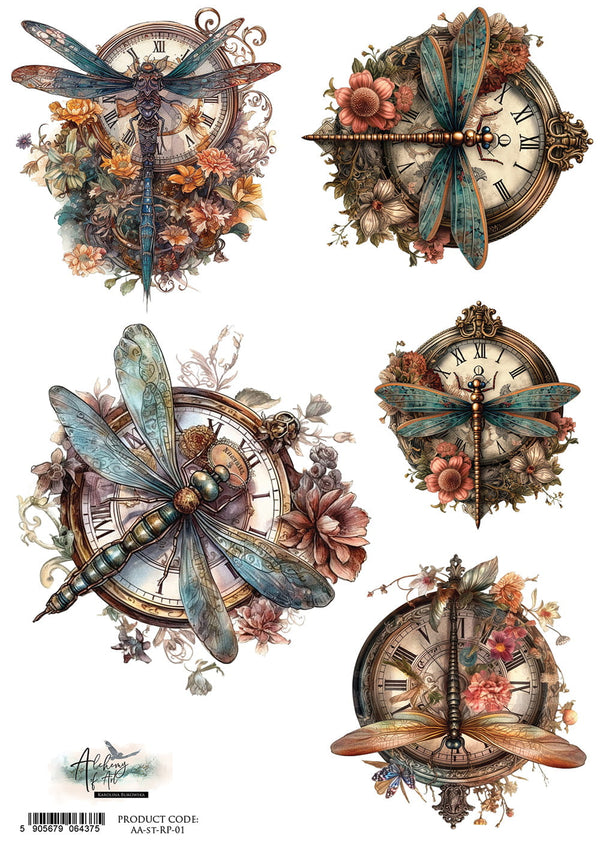 Alchemy of Art STEAMPUNK DREAMS - DRAGONFLY CLOCKS A4 Decoupage Rice Paper #AA-RP-ST-RP-01