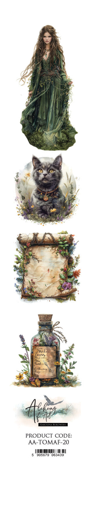 Set of illustrated items including a woman, wolf, books, bottles, and other mystical elements on a white background.