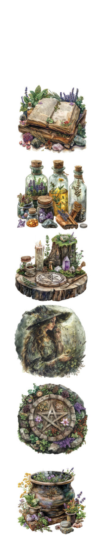 Set of illustrated items including a woman, wolf, books, bottles, and other mystical elements on a white background.