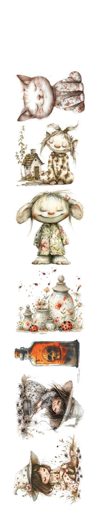 Collection of small illustrations featuring nature-themed characters and objects on a white background.