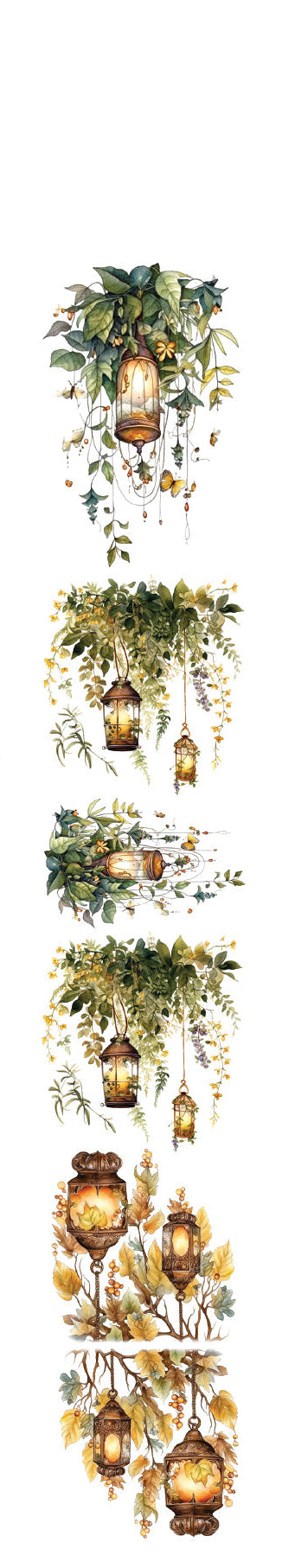 Decorative elements with lanterns and plants on a white background