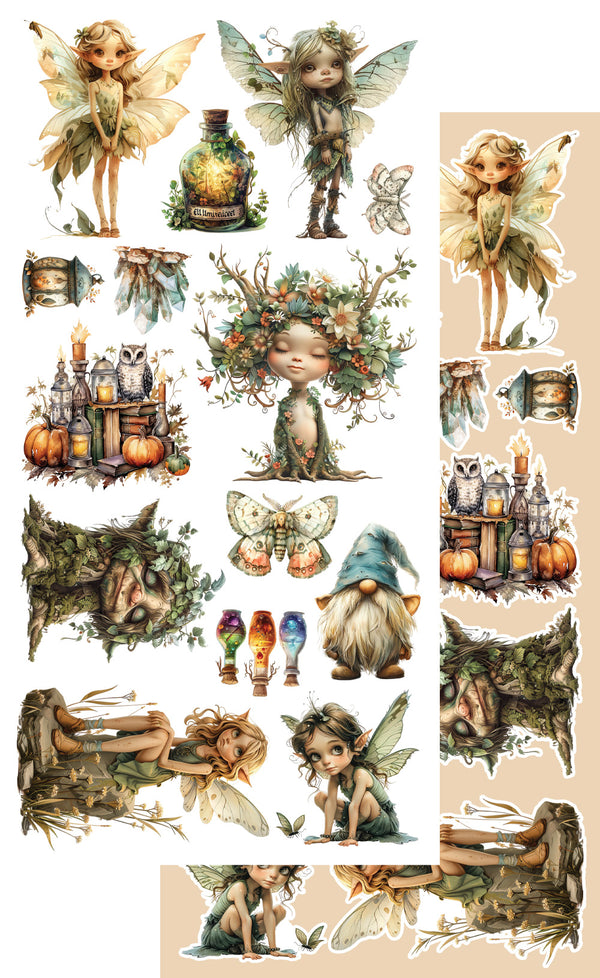 Collection of fairy and gnome illustrations on a beige background