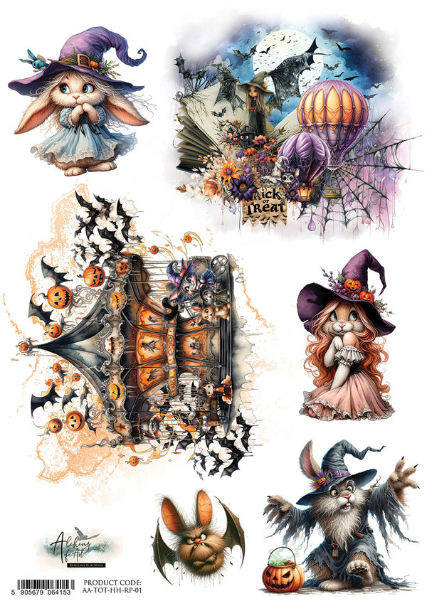 Halloween-themed illustrations featuring a witch, pumpkins, and bats on a white background.