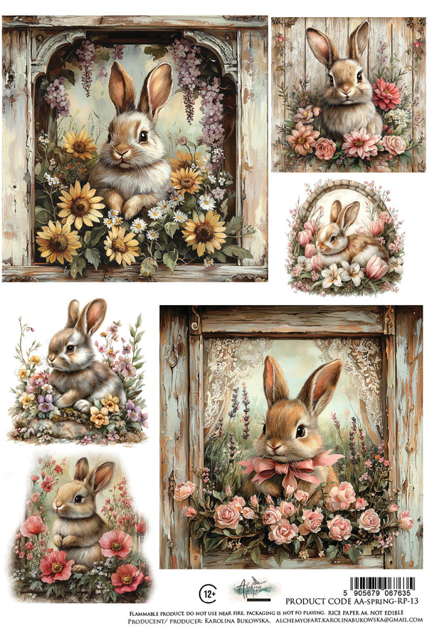 Alchemy of Art SPRING - COUNTRY BUNNIES A4 Decoupage Rice Paper #AA-SPRING-RP-13