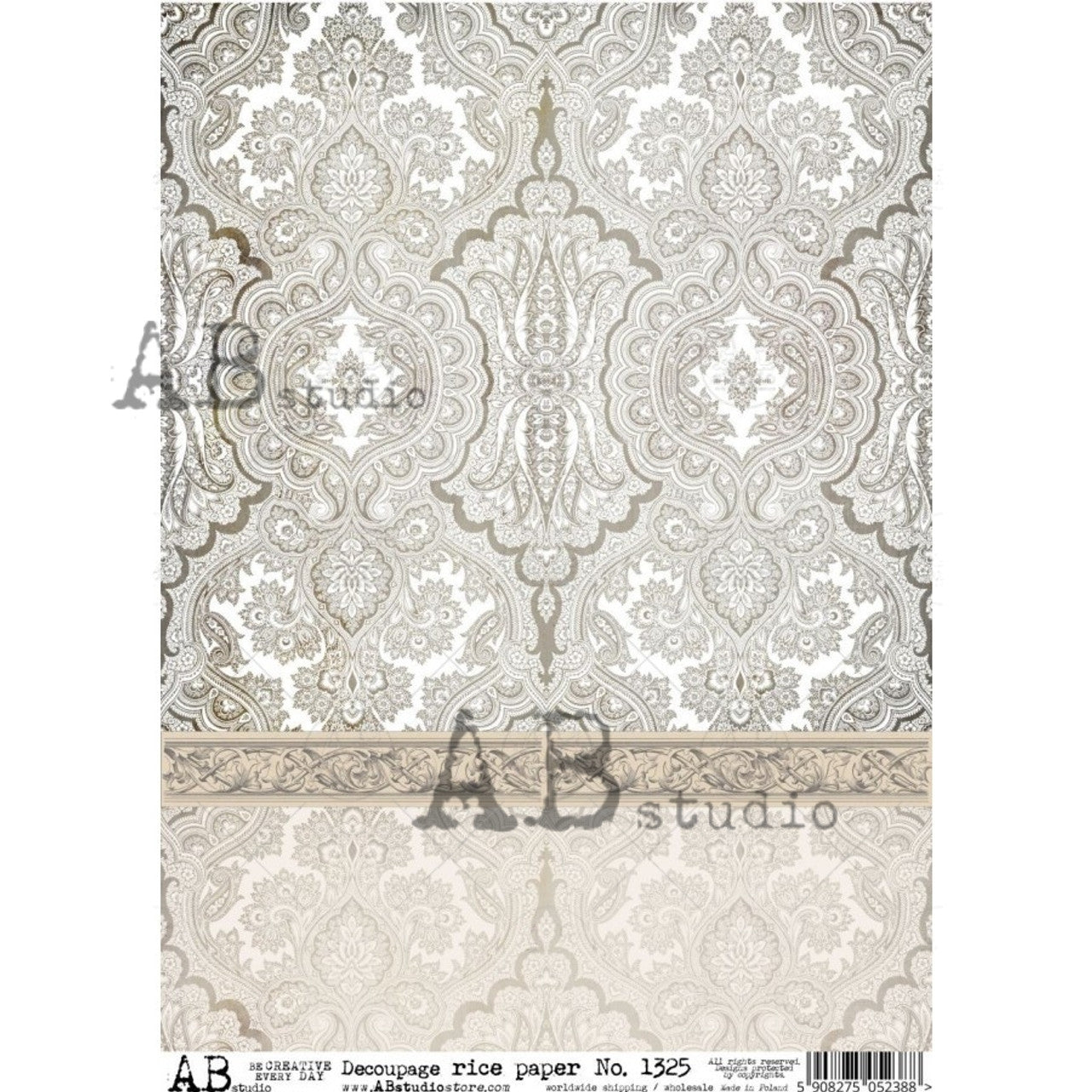 ABstudio NEUTRAL BEIGE DAMASK PATTERN A4 Decoupage Rice Paper #1325