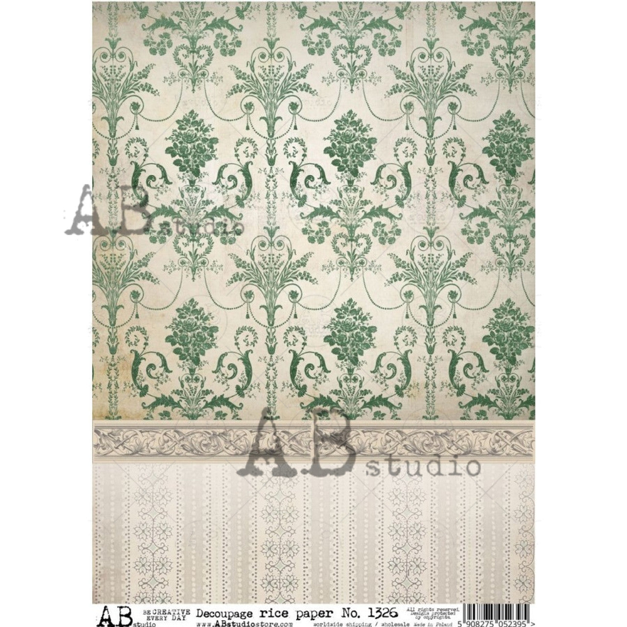 ABstudio GREEN AND OFF WHITE BAROQUE PATTERN A4 Decoupage Rice Paper #1326