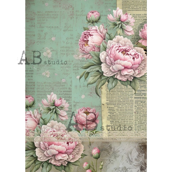 ABstudio GREEN LETTERS AND SHABBY CHIC ROSES A4 Decoupage Rice Paper #1785