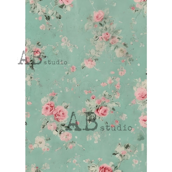 ABstudio SHABBY CHIC AQUA AND ROSES A4 Decoupage Rice Paper #1790