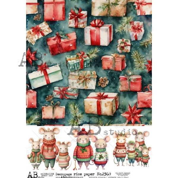 ABstudio GIFT BOXES AND MICE A4 Decoupage Rice Paper #2369