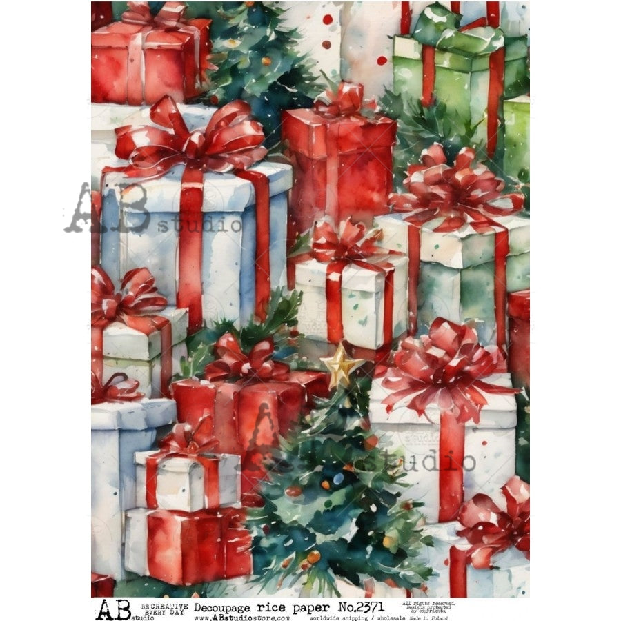 ABstudio RED & GREEN GIFT BOXES A4 Decoupage Rice Paper #2371