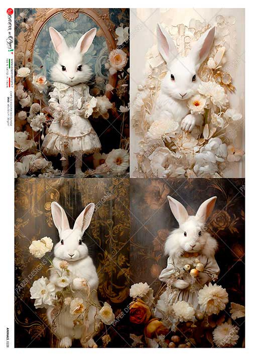 Paper Designs FOUR VICTORIAN Bunny Portraits A4 Decoupage Rice Paper #ANIMALS 0228