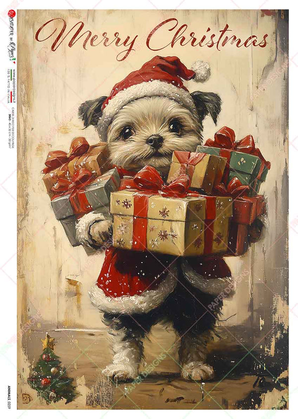 Paper Designs CHRISTMAS PUP with Gifts A4 Decoupage Rice Paper #ANIMALS_0259