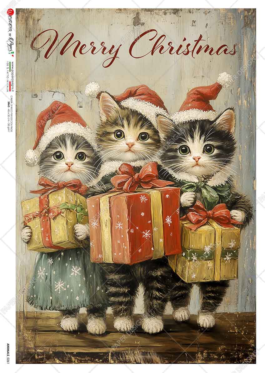 Paper Designs CHRISTMAS KITTIES with Gifts A4 Decoupage Rice Paper #ANIMALS_0261