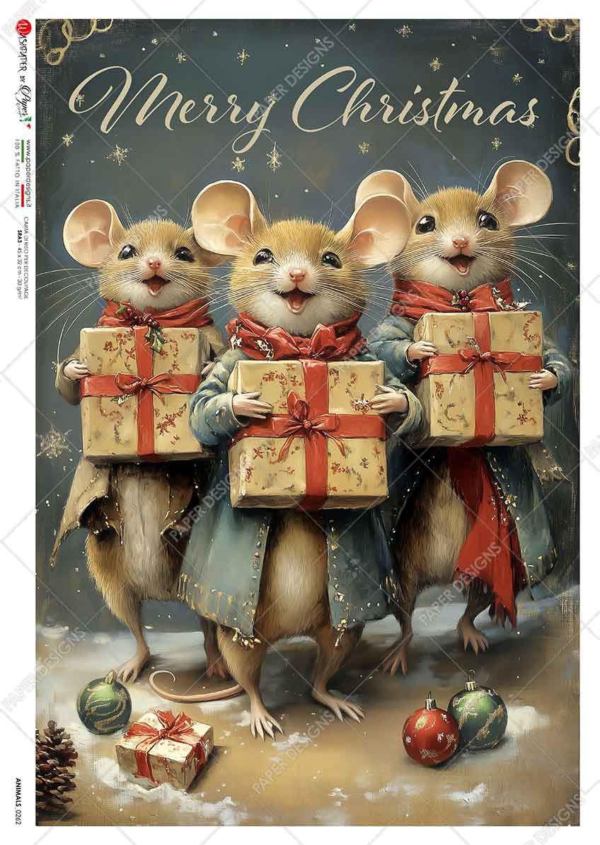 Paper Designs CHRISTMAS MICE with Gifts A4 Decoupage Rice Paper #ANIMALS_0262