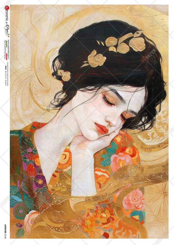 Paper Designs Klimt Style DARK HAIRED PORTRAIT A4 Decoupage Rice Paper #ARTWORK_0146