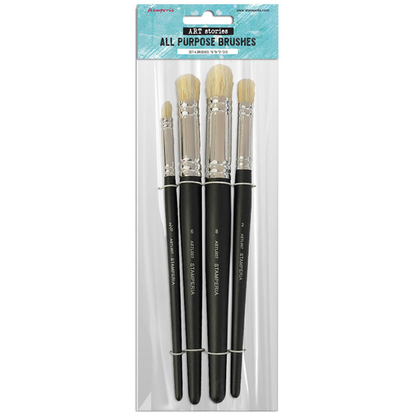 Set of all-purpose brushes in packaging with brand label