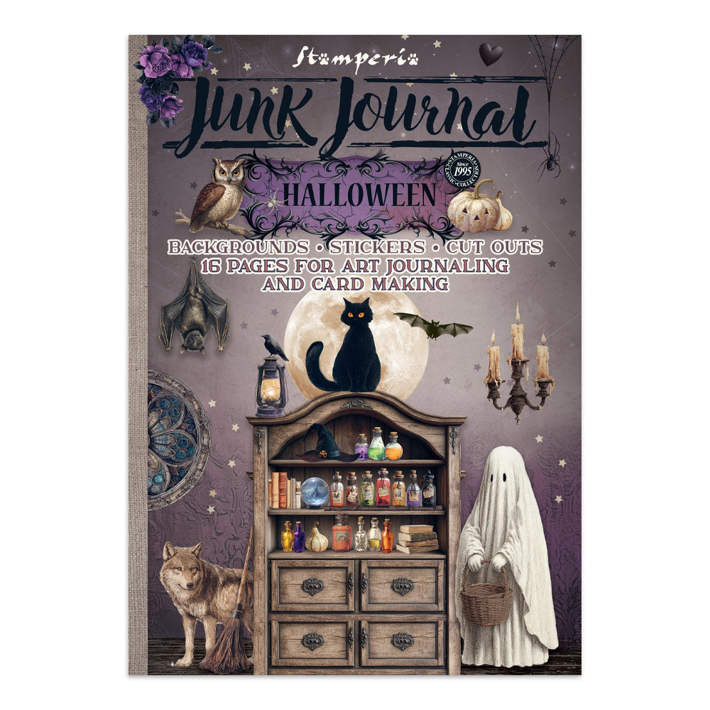 Halloween-themed junk journal with illustrations of a cat, ghost, and other elements on a purple background.