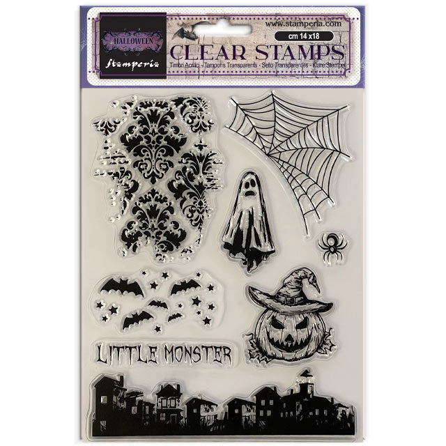 Halloween-themed clear stamps with ghost, spider, bats, and pumpkin design on a white background.