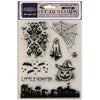 Halloween-themed clear stamps with ghost, spider, bats, and pumpkin design on a white background.