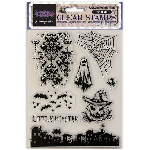 Halloween-themed clear stamps with ghost, spider, bats, and pumpkin design on a white background.