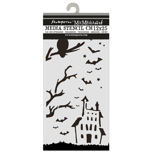 Halloween-themed stencils with a haunted house, tree, and bats on a white background.
