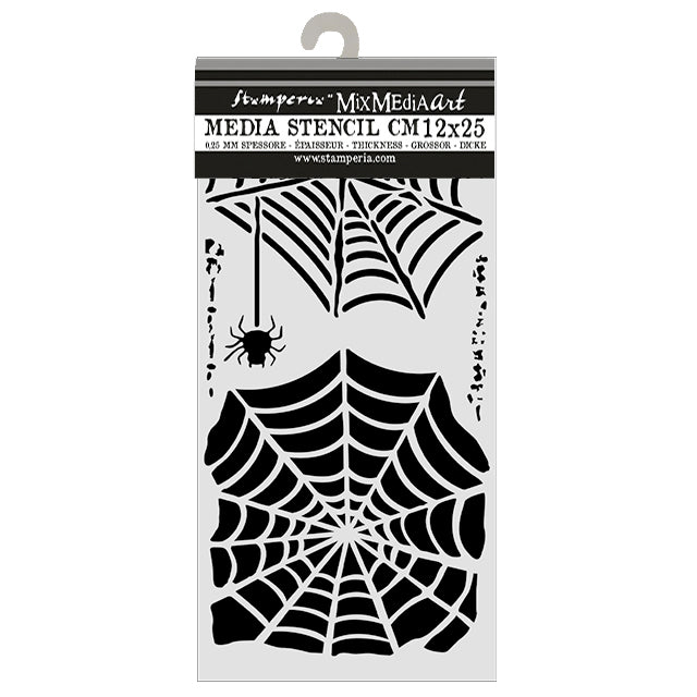 Stamperia Media Stencil with spider web design on a white background