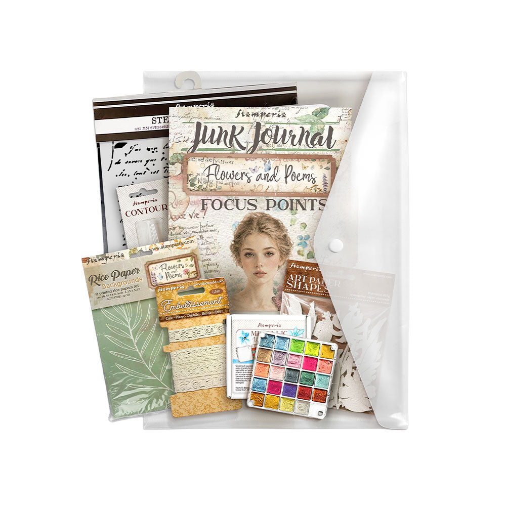 Stamperia FLOWERS and POEMS ART JOURNALING SELECTION Junk Journal Kit Stencils Ephemera LARGE #BJS004