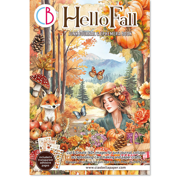 Cover of 'Hello Fall' junk journal and ephemera book with autumn-themed illustrations.