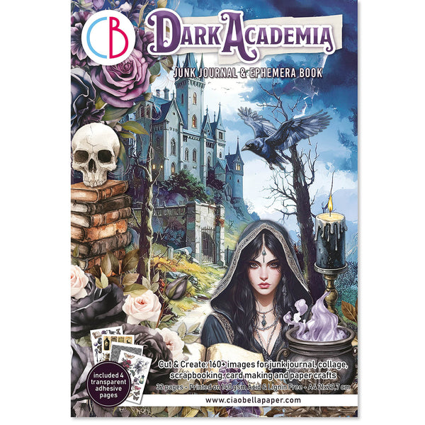 Dark Academia junk journal and ephemera book with gothic elements and a castle in the background.