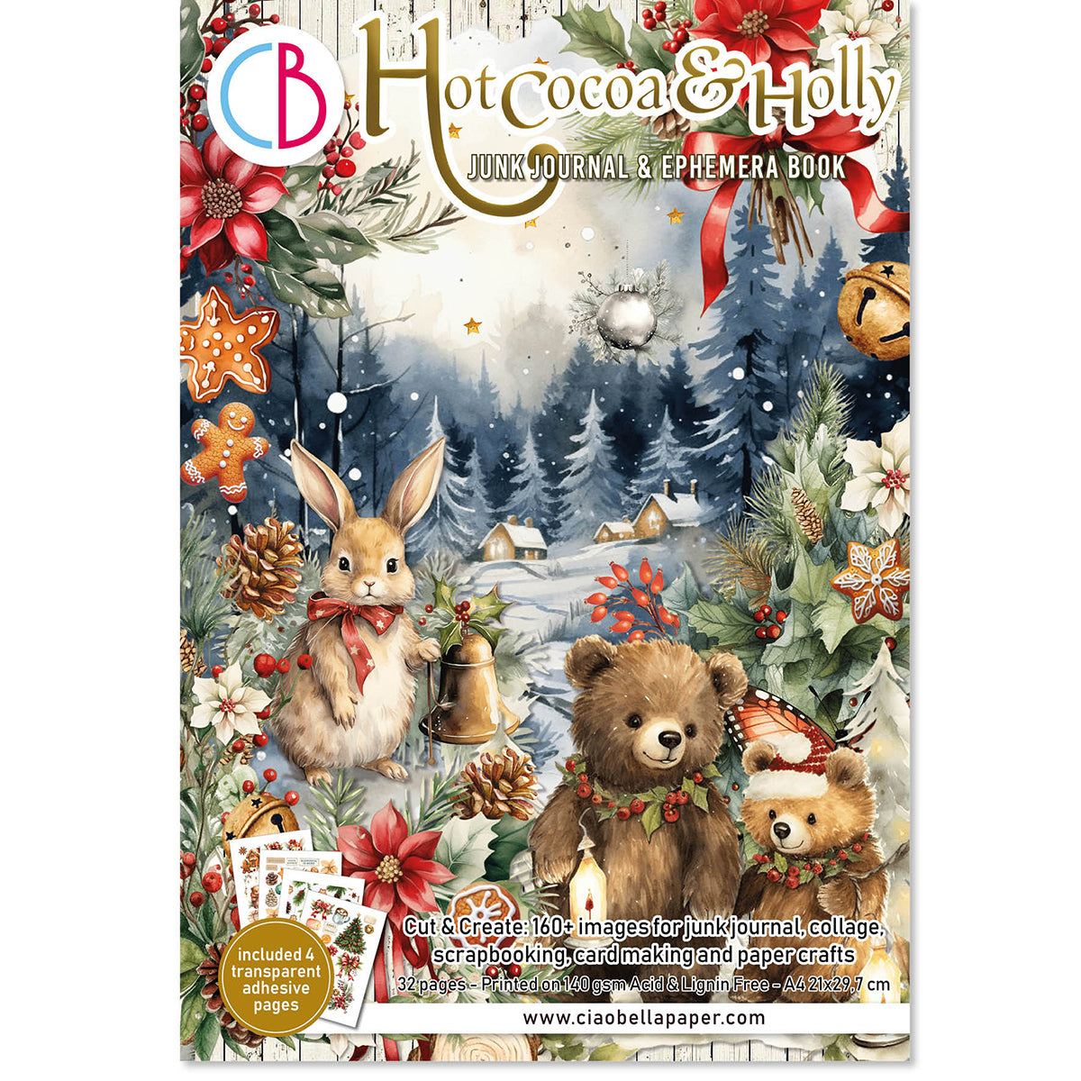 Hot Cocoa & Holly junk journal and ephemera book with Christmas-themed design featuring animals and decorations.
