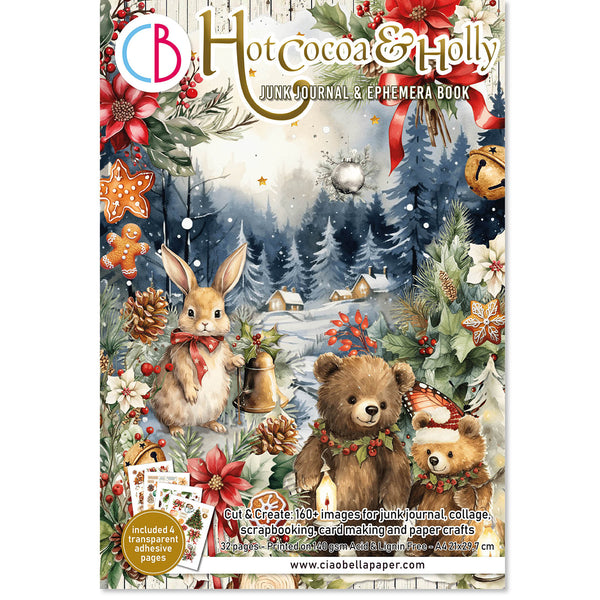 Hot Cocoa & Holly junk journal and ephemera book with Christmas-themed design featuring animals and decorations.