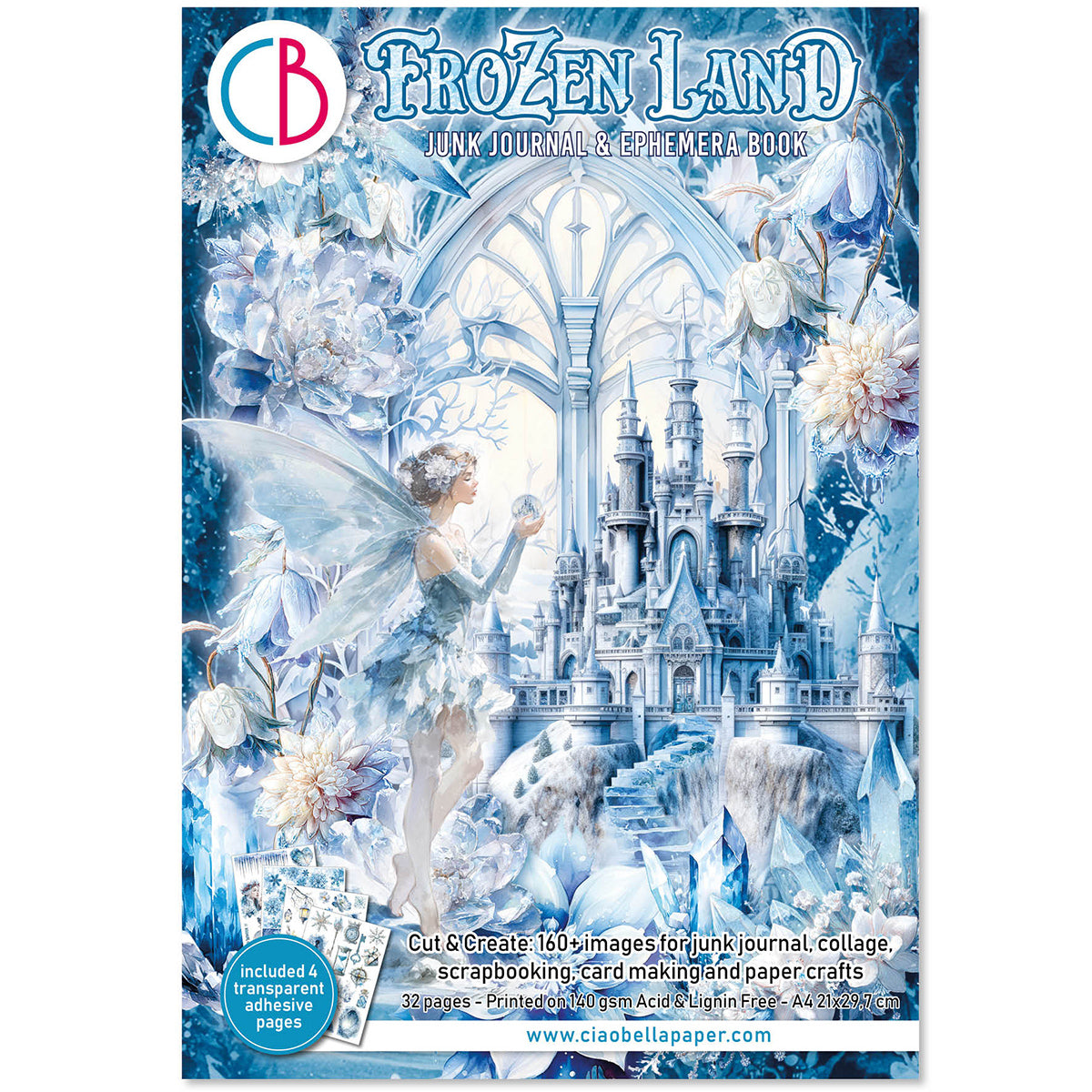 Cover of a 'Frozen Land' junk journal and ephemera book with a fairy and castle design.