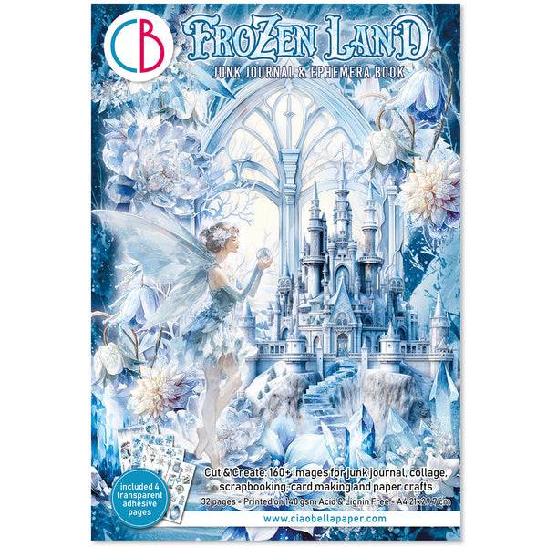 Cover of a 'Frozen Land' junk journal and ephemera book with a fairy and castle design.