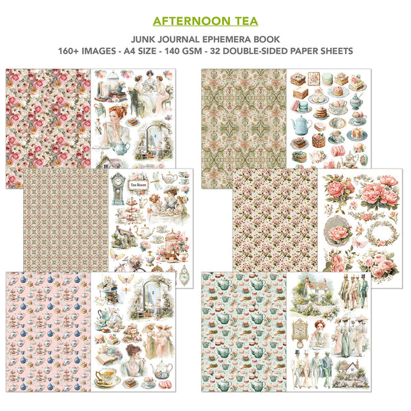 Collection of vintage-style scrapbooking papers with floral and tea-themed designs, labeled 'Afternoon Tea'.