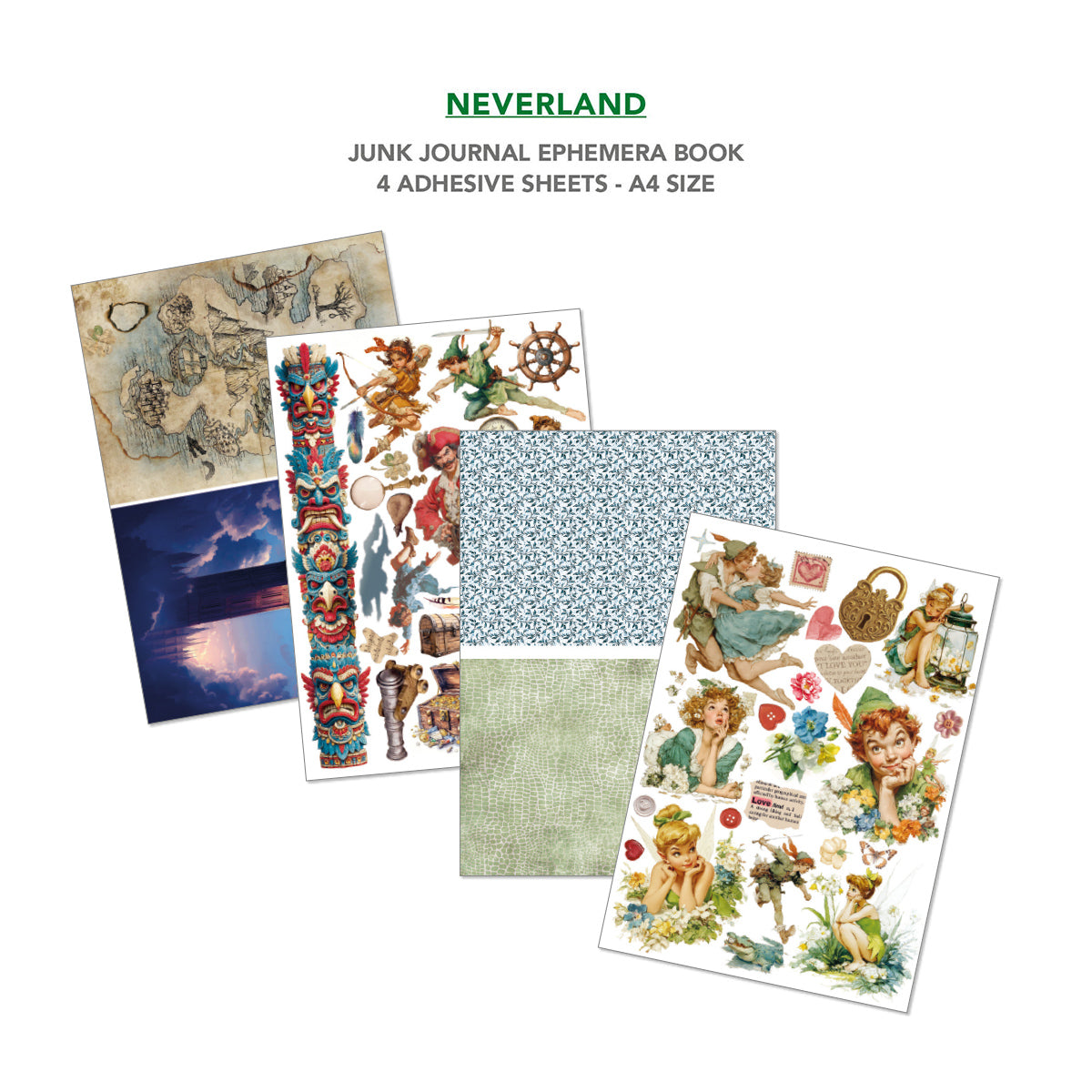 Collection of adhesive sheets from a 'Neverland' junk journal ephemera book on a white background.