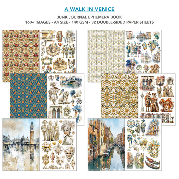 Collection of Venice-themed paper sheets and embellishments for a junk journal ephemerium book.