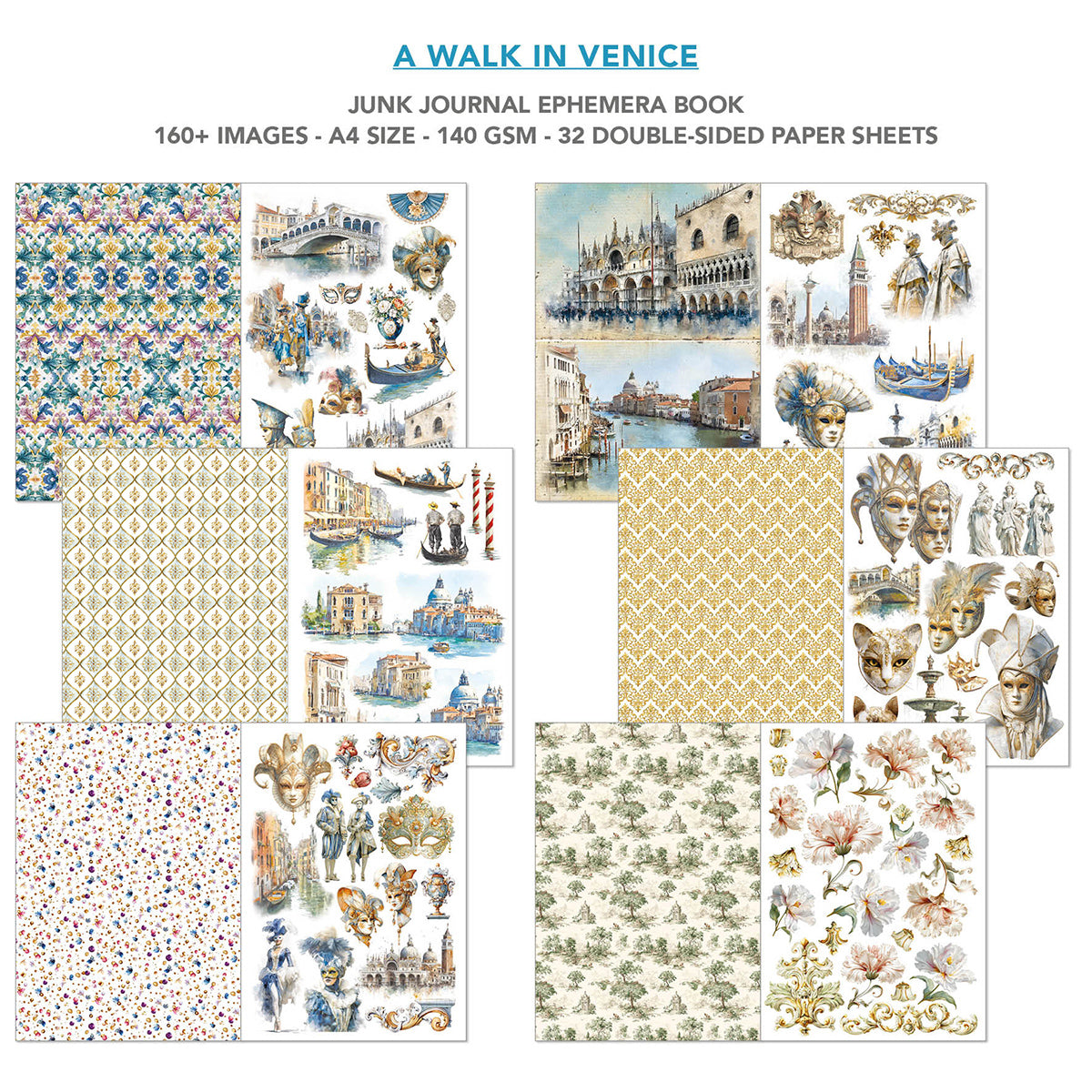 Collection of Venice-themed paper sheets for a junk journal on a white background