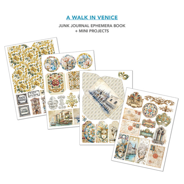 Collection of decorative elements for a junk journal titled 'A Walk in Venice' on a white background.