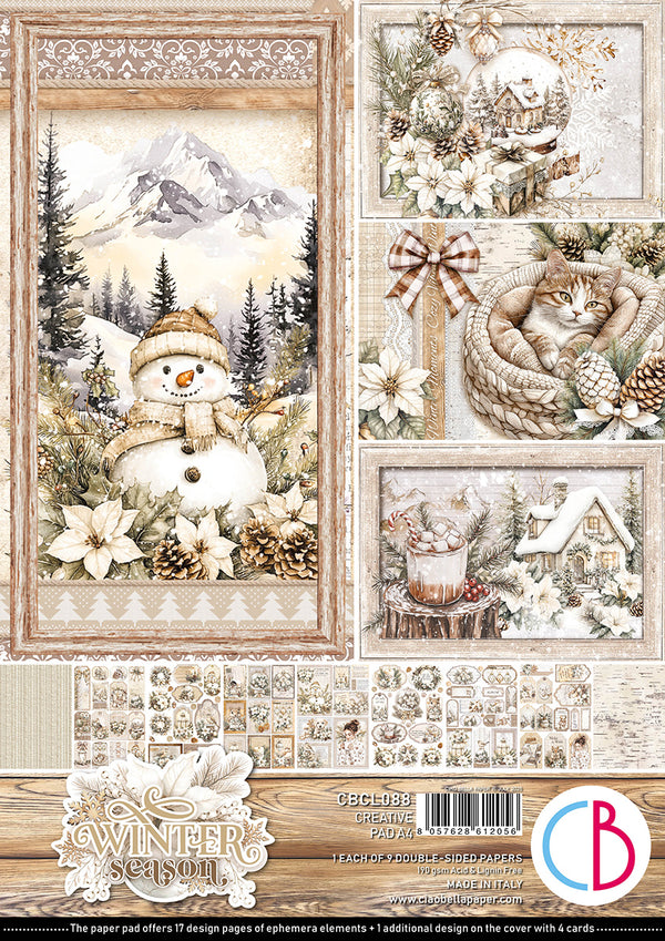 Winter-themed paper pad with snowman, cat, and snowy landscape designs.