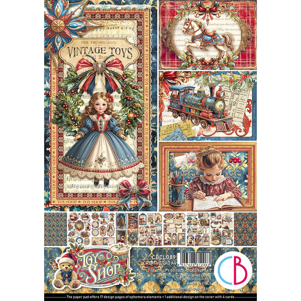 Decorative paper pad with vintage-themed designs featuring toys and children.
