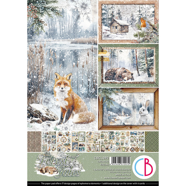 Packaging of 'Forest Tales' paper pad with winter scenes and animals.