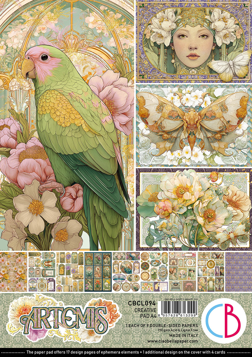 Collection of decorative paper sheets featuring a parrot, butterfly, and floral designs with 'Artemis' branding.