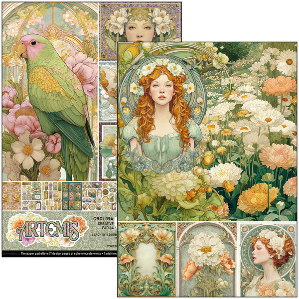 Collage of artistic illustrations featuring a parrot, floral designs, and a woman in a garden.