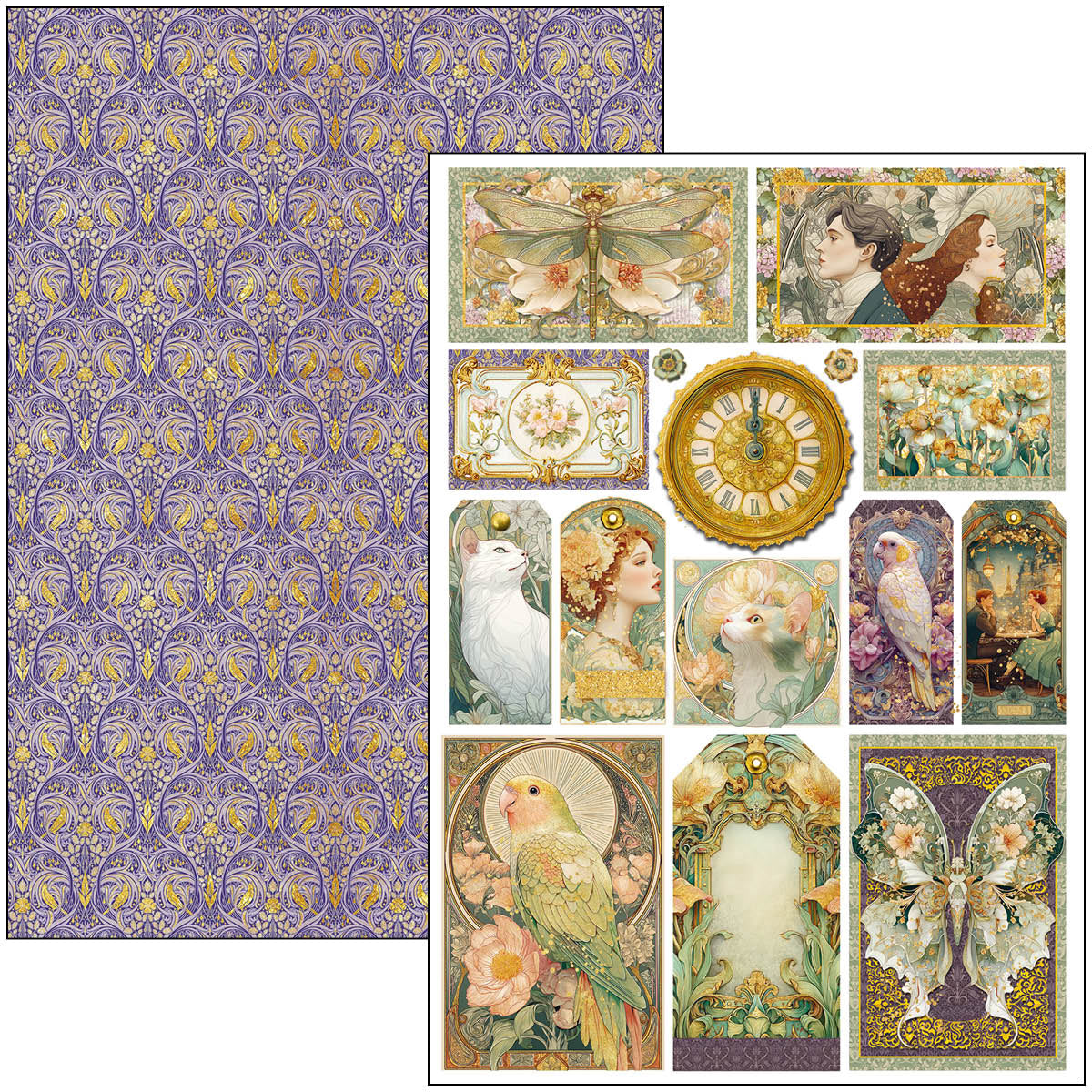 Collection of vintage-style greeting cards with artistic designs and a purple patterned paper.