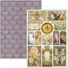 Collection of vintage-style greeting cards with artistic designs and a purple patterned paper.